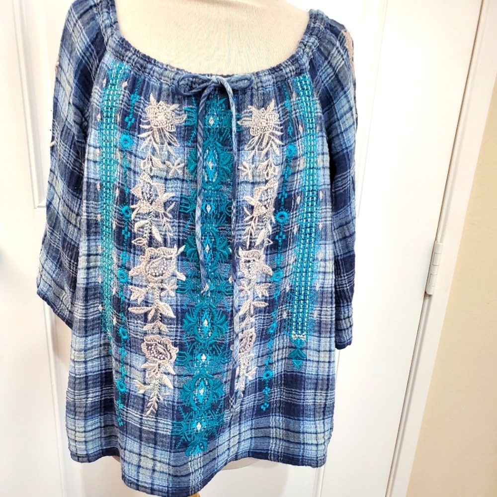 Johnny Was Western Embroidered Blue Teal Plaid Peasant Top Women's Size Small